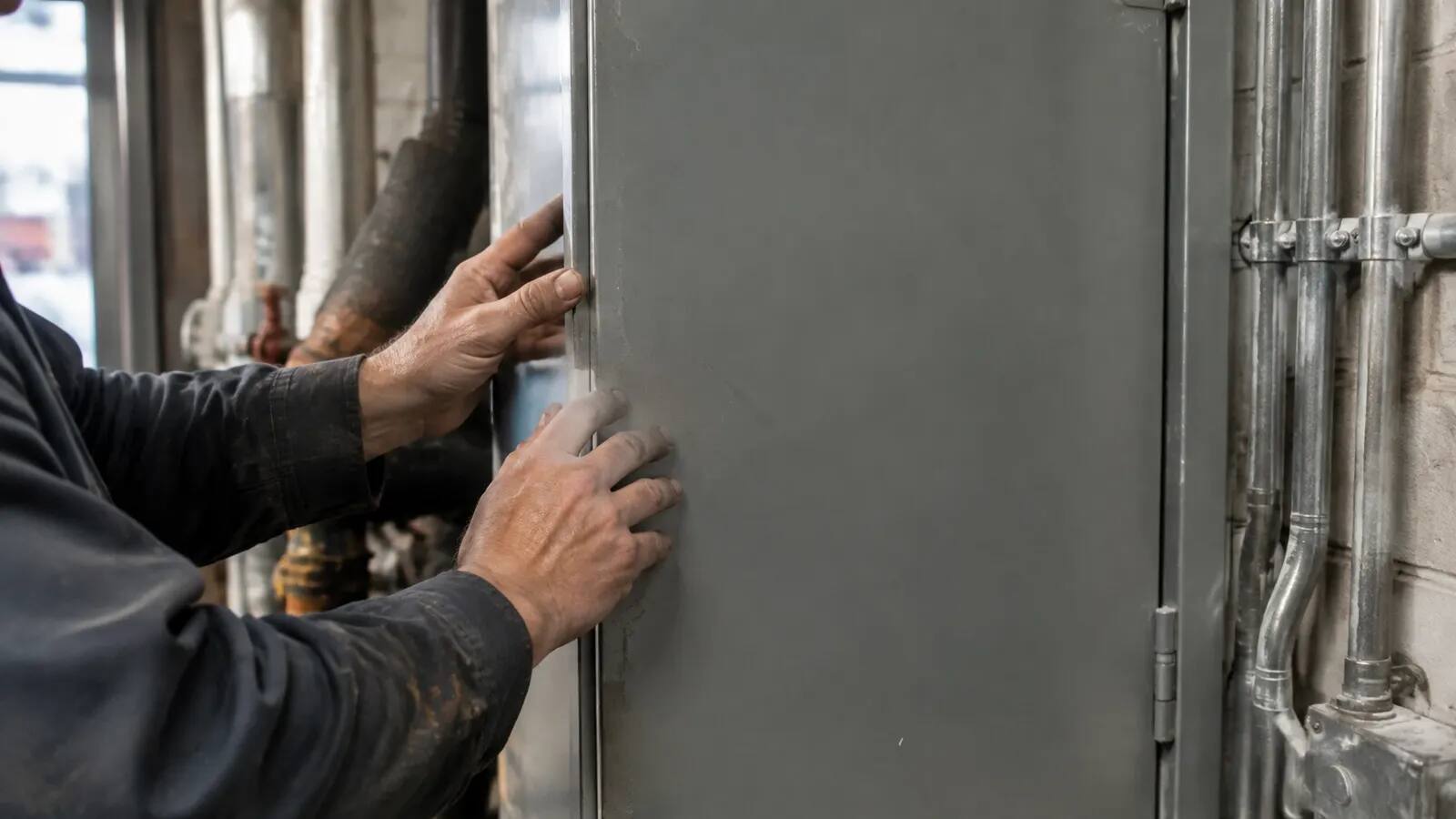 Facilities worker checking an unmarked electrical panel in a plant room