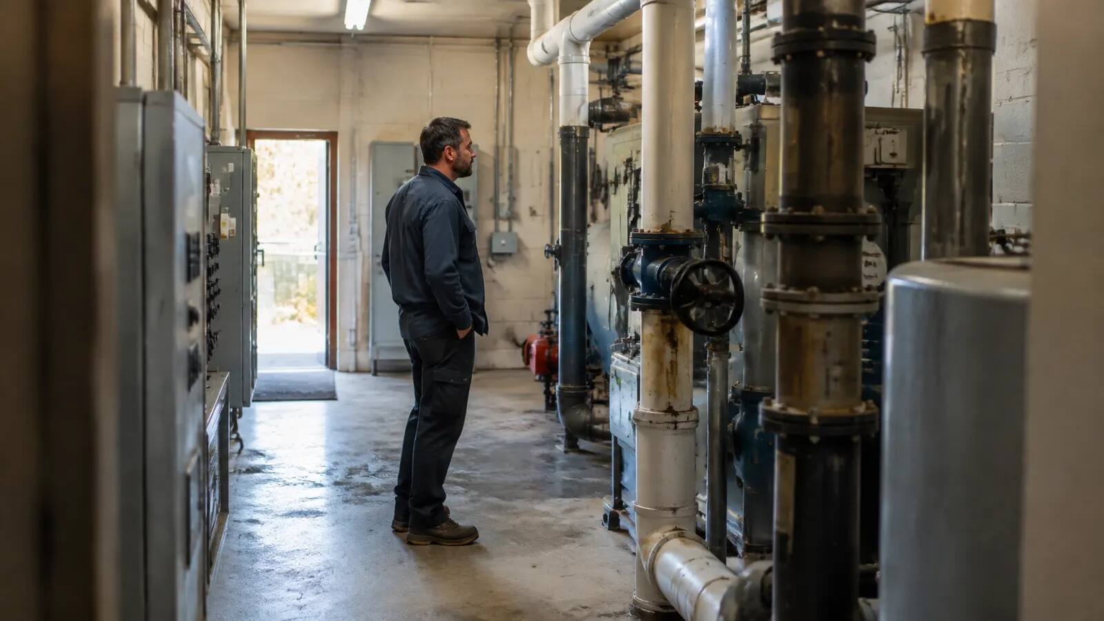 Facilities manager reviewing equipment in a commercial mechanical room