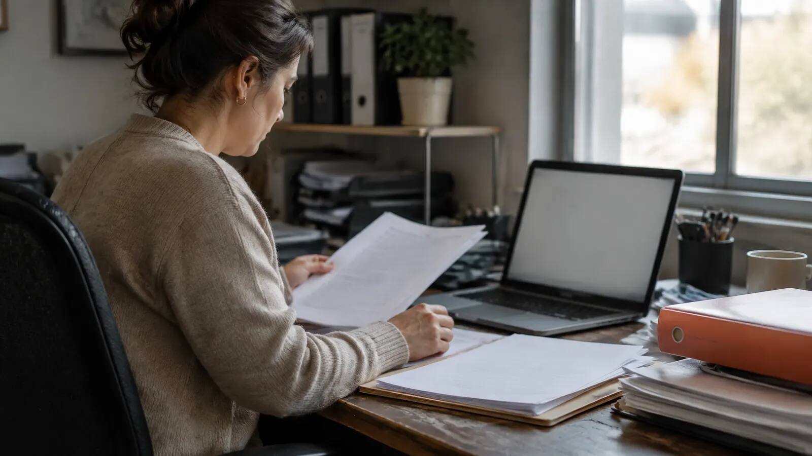 Office manager reviewing payroll paperwork at a working desk